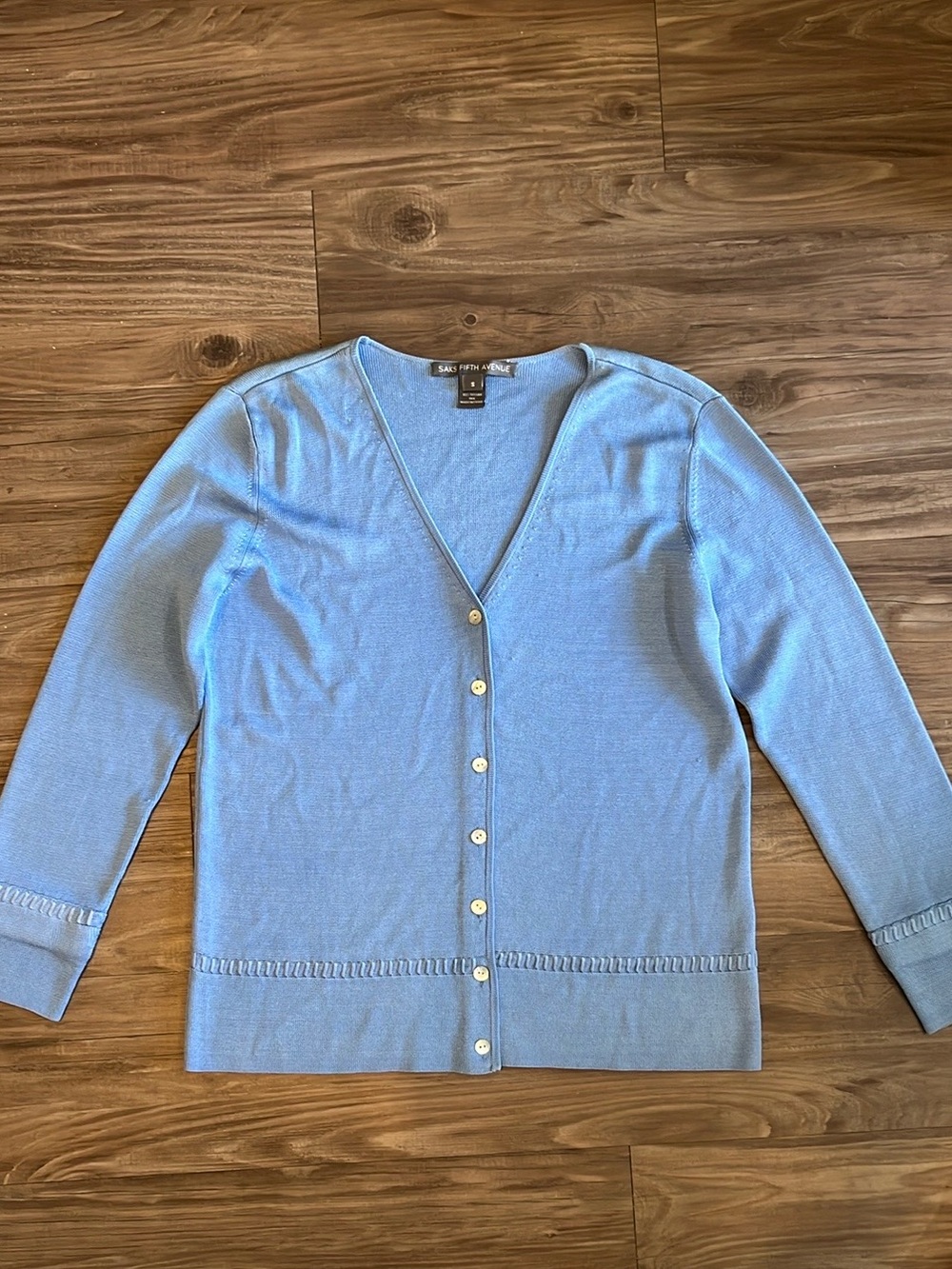 VTG Saks Fifth Avenue Sky Blue Silk Knit V-Neck Button Front Cardigan Size S